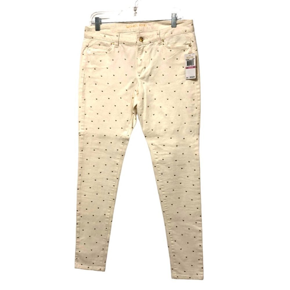 NWT Michael Kors Gold Studded Skinny Leg Jeans Size 8 / 10 Stretch Midrise New